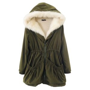Roiii Womens Green Hooded Parka Coat Faux Fur Trim Sherpa Fleece Lining Zipper